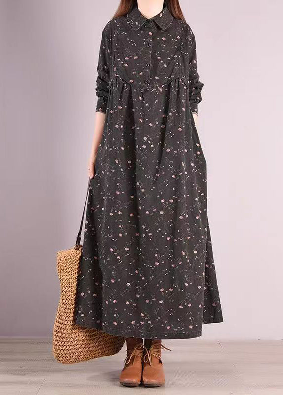 Ditsy Floral Print Collar Button Front Long Sleeve Pocket Maxi Shirt Dress
