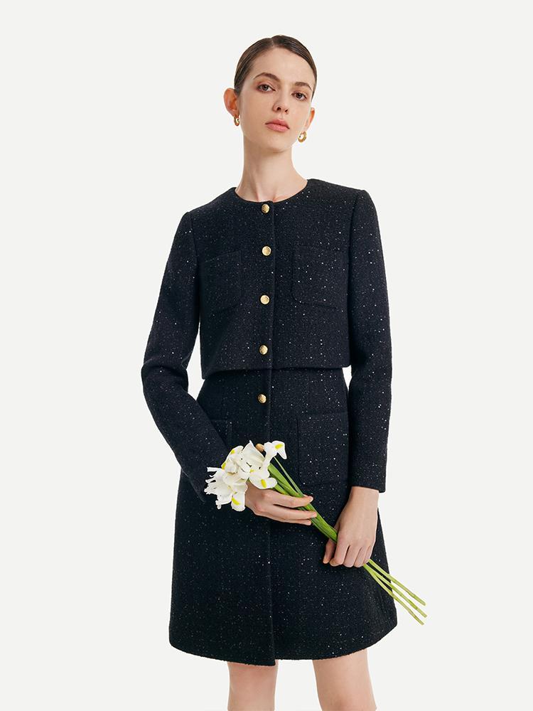 Tweed Collarless Button Front Patch Pocket Long Sleeve Mini Coat Dress