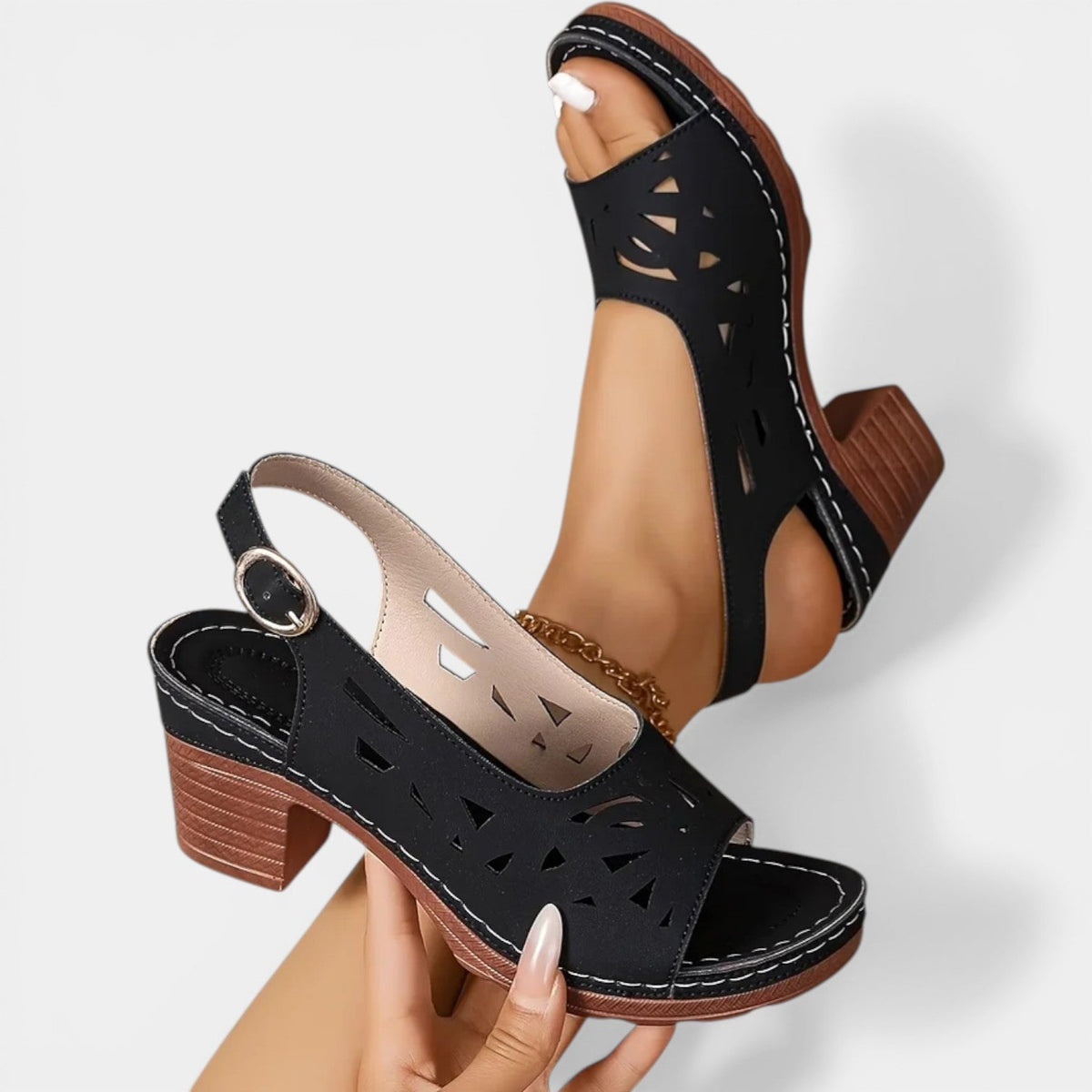 Peep Toe Laser Cut Slingback Block Heel Sandals