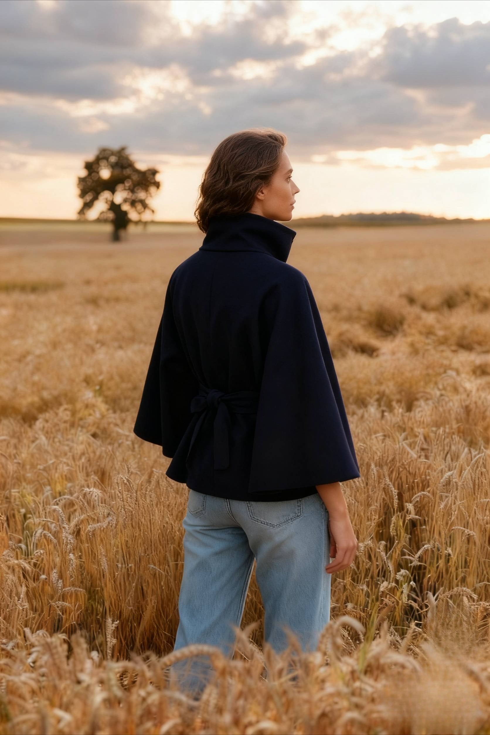 Button Up Stand Collar Cape Coat