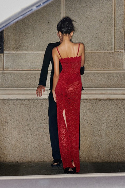 Red Strapless Cami Maxi Lace Dress - View 6