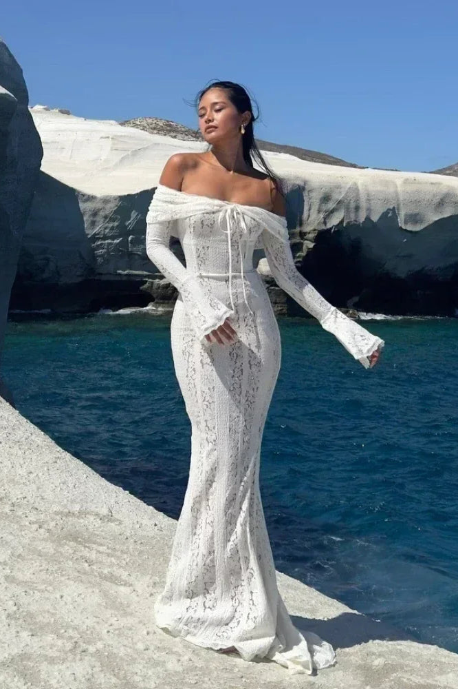 Lace Off Shoulder Long Bell Sleeve Tie Front Mermaid Maxi Dress
