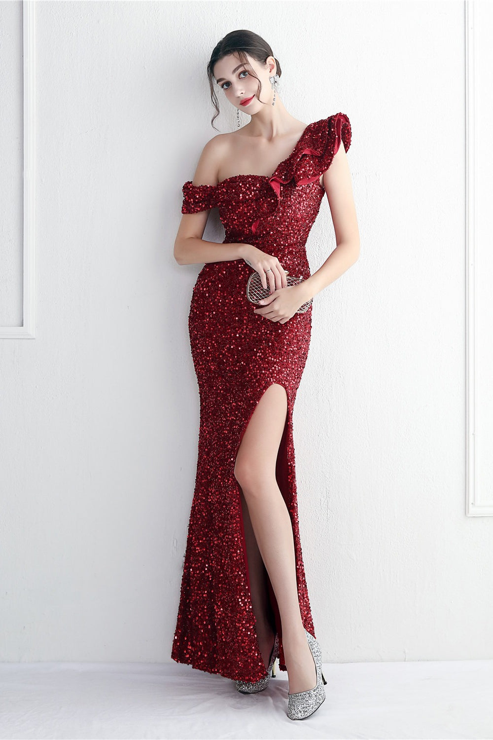 Sequin One Shoulder Ruffle High Split Mermaid Gown
