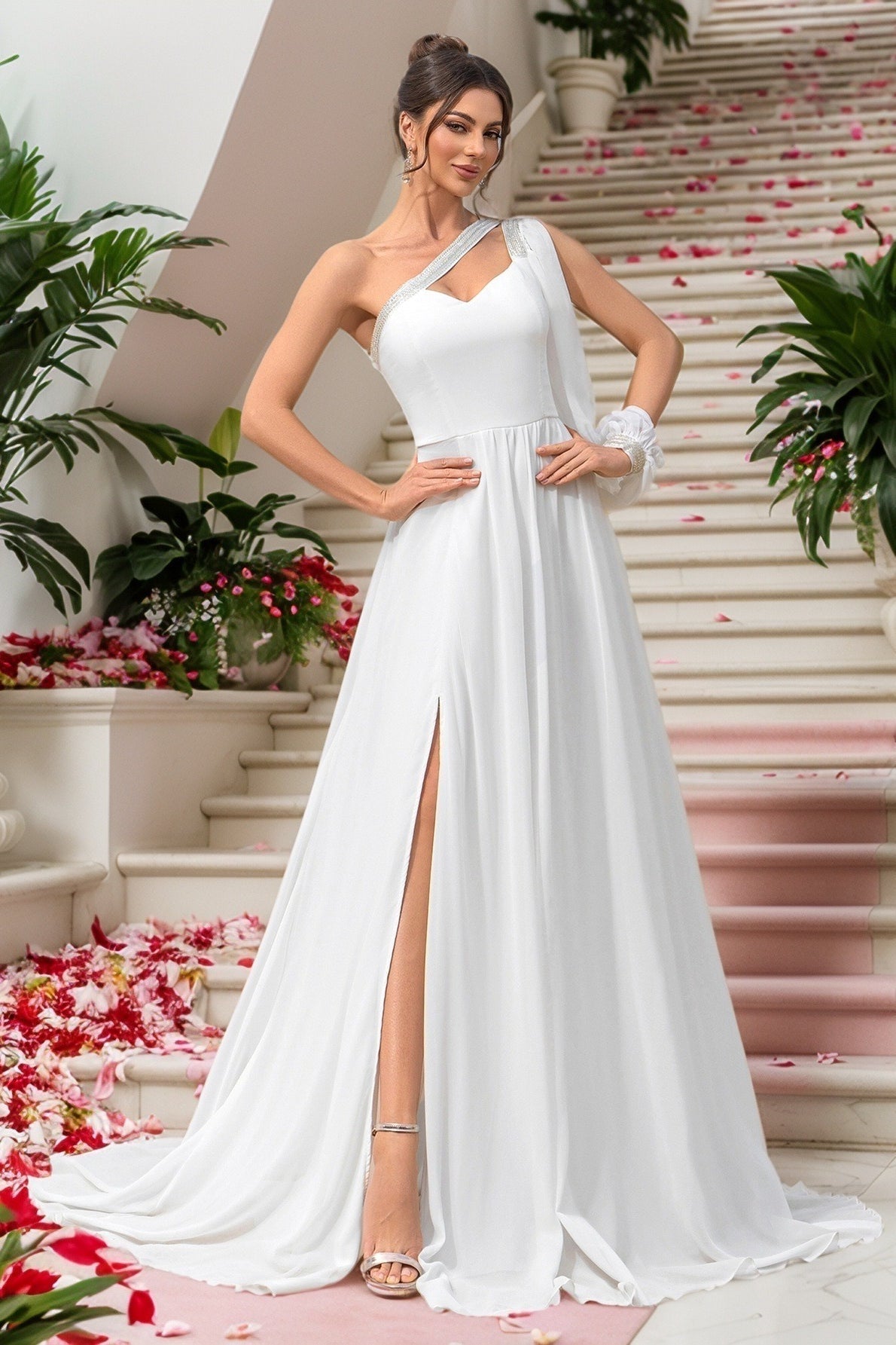 Chiffon One Shoulder Long Sleeve High Split A-Line Prom Dress