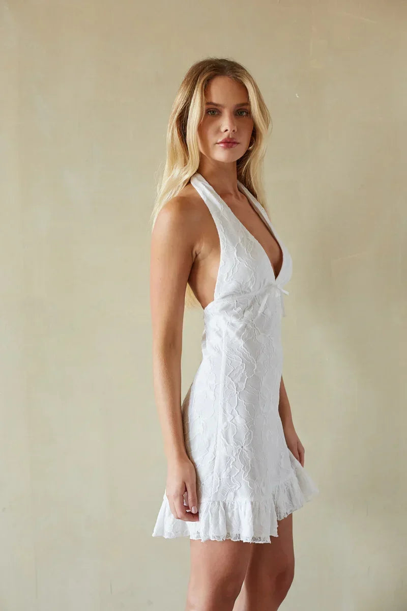 Fleur Lace Halter Ruffled Mini Dress