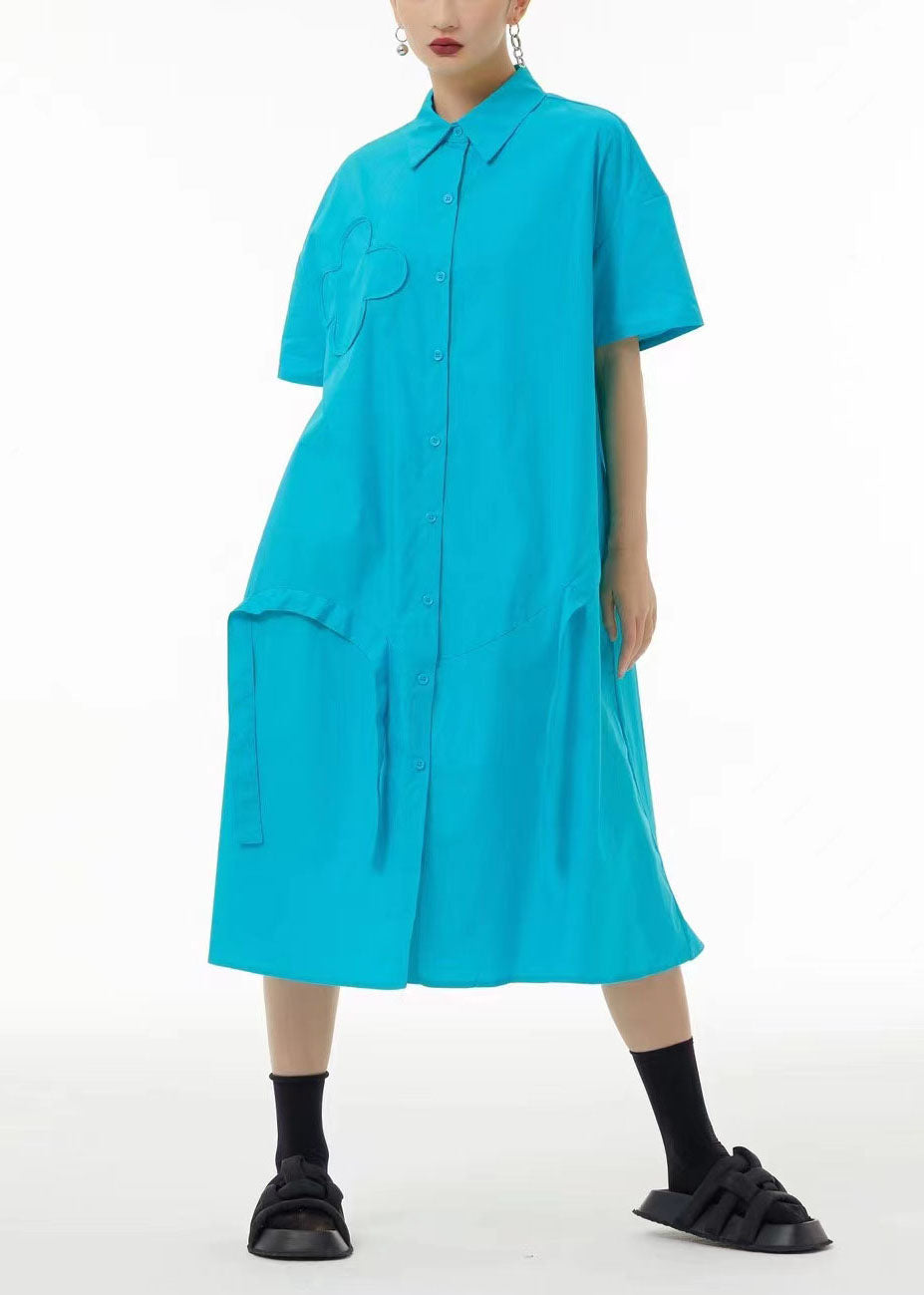 Button Down Short Sleeve Puffy Flower Appliqué Strap Detail Oversized Midi Dress