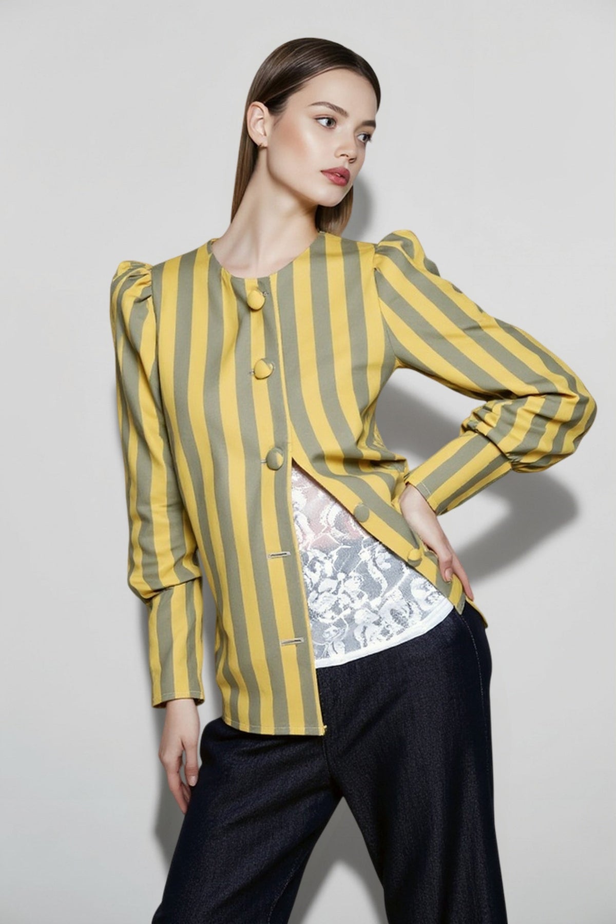 Striped Puff Shoulder Long Sleeve Button Front Asymmetric Hem Blouse 3