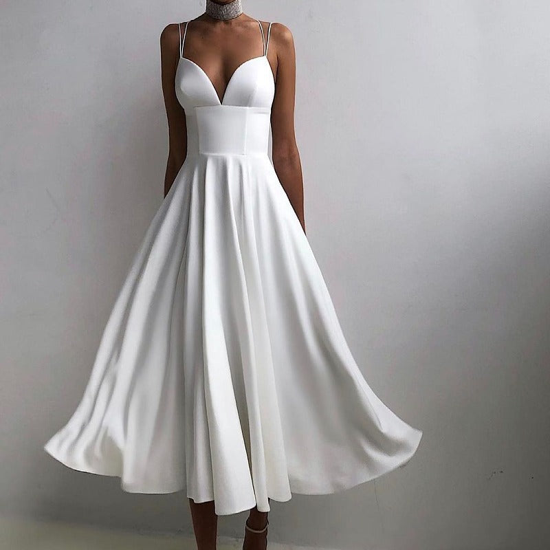 Satin Deep V-Neck Spaghetti Strap Fit and Flare Midi Dress