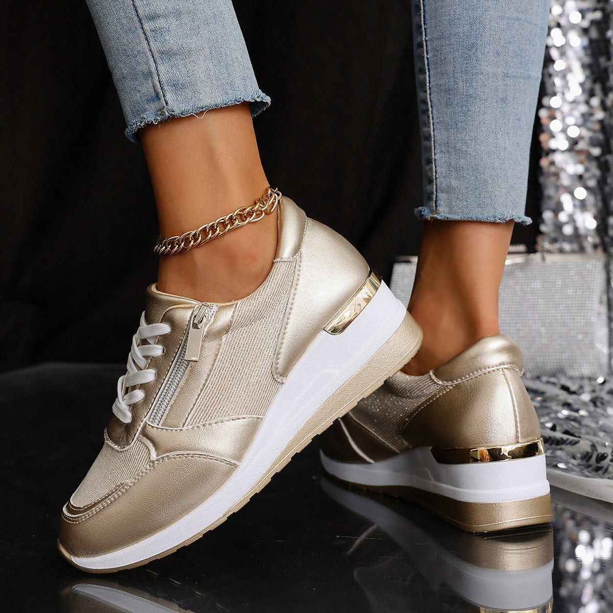 Lace Up Side Zip Wedge Sneakers