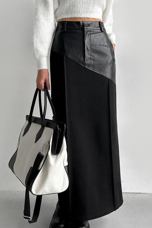 High Waist Faux Leather Asymmetric Panel Slit Hem Maxi Skirt