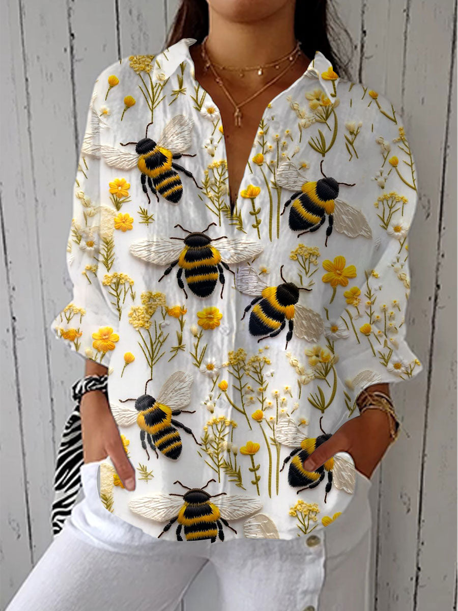 Bee Print Collared Button Front Blouse