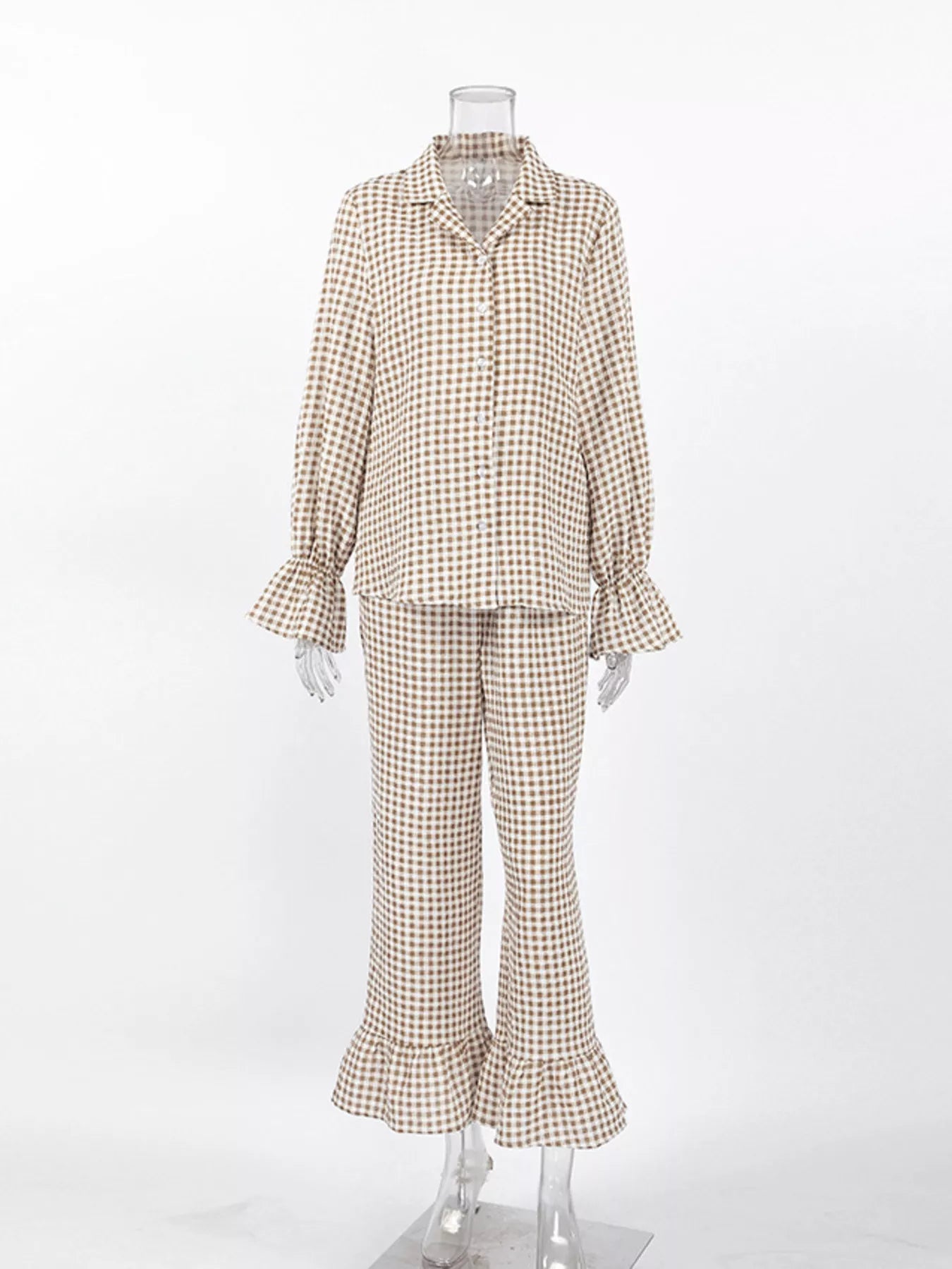 Gingham Ruffle-Trim Top and Pants Lounge Set