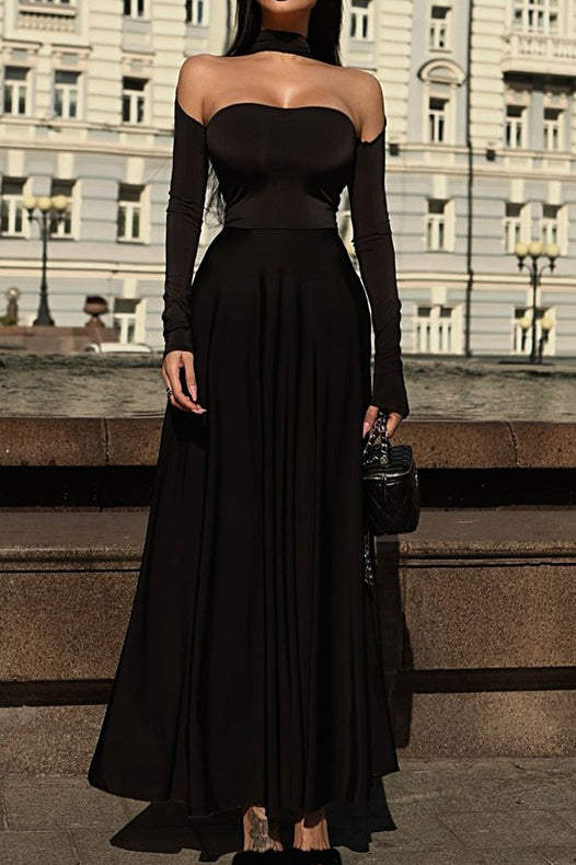 Halter Neck Off Shoulder Long Sleeve Fit and Flare Maxi Dress