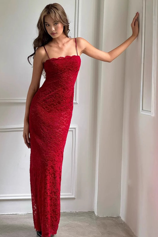 Lace Spaghetti Strap Square Neck Scalloped Trim Bodycon Maxi Dress