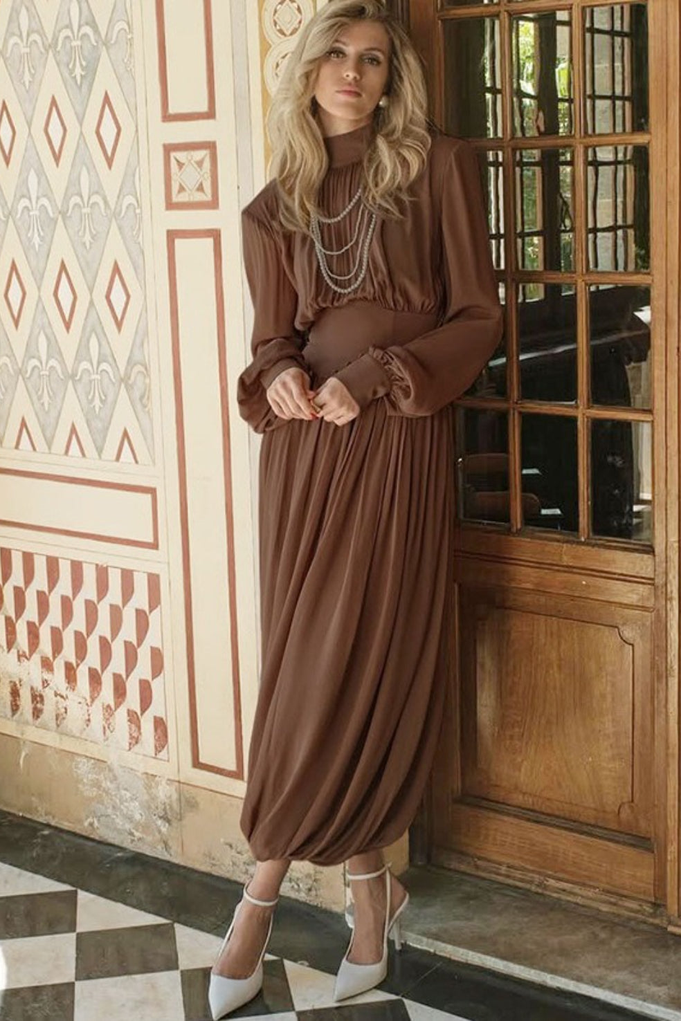 Mock Neck Long Bishop Sleeve Ruched Balloon Hem Maxi Dress