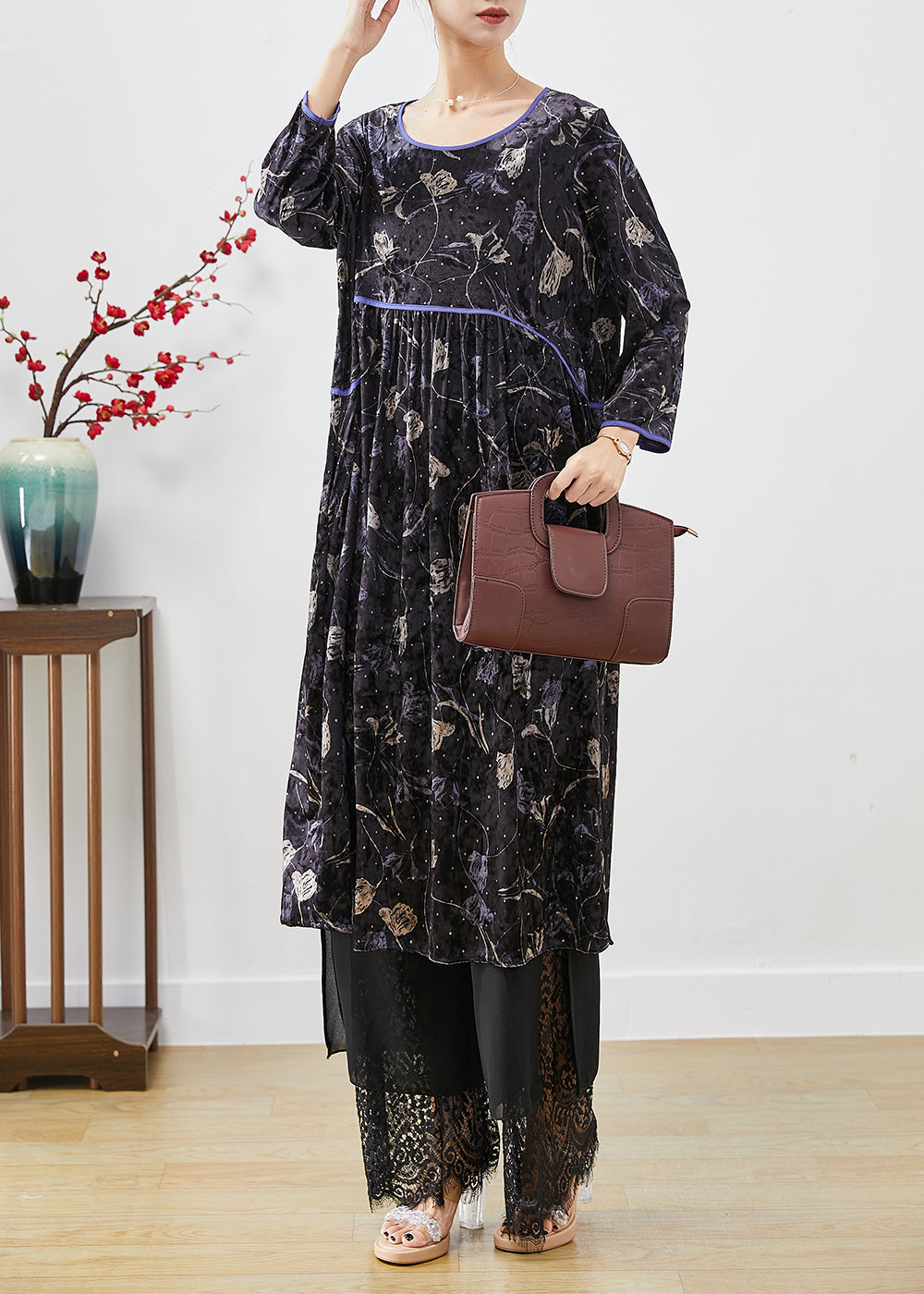 Velvet Floral Print Empire Waist Long Sleeve Dress Lace Hem Wide Leg Pants Two Piece Set