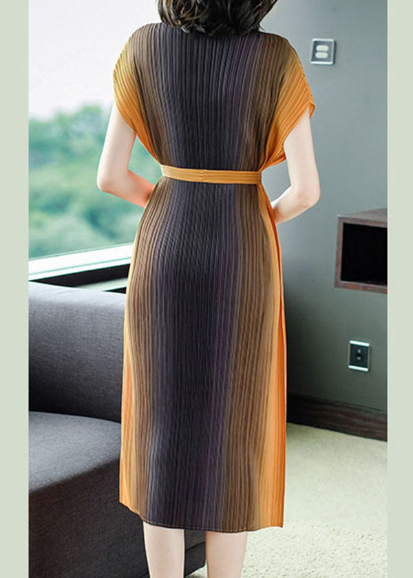 Pleated V-Neck Cap Sleeve Self Tie Belt Midi Dress