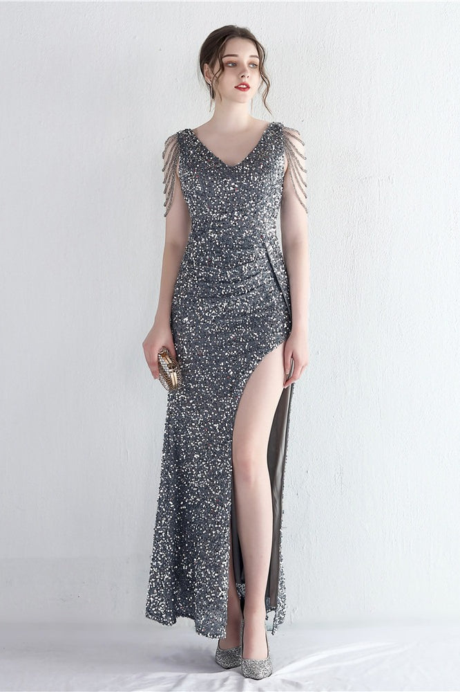Sequin V-Neck Beaded Fringe High Split Mermaid Gown