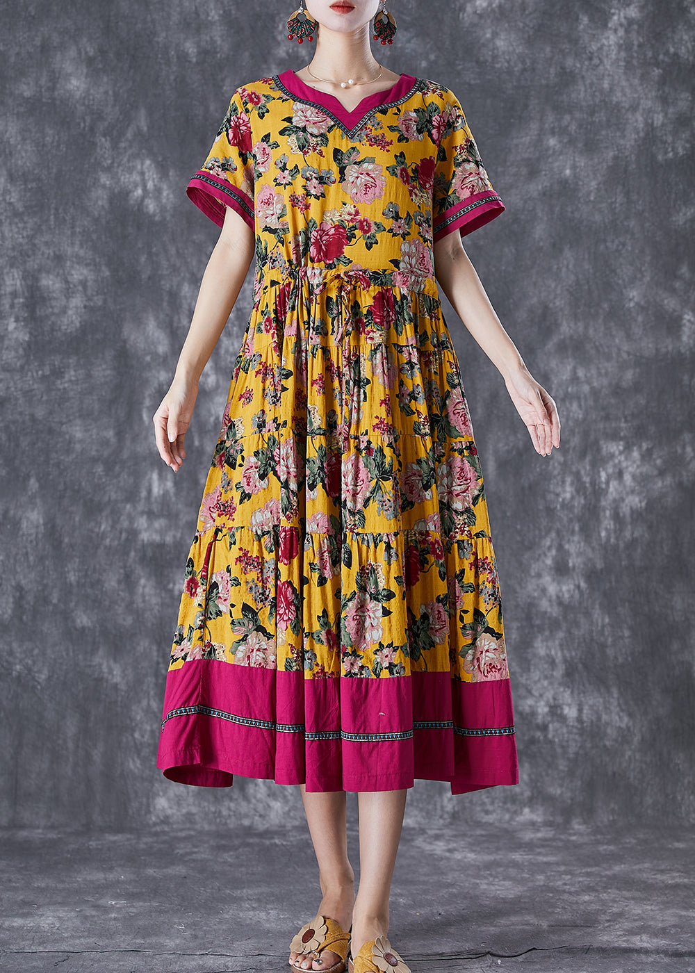 Floral Print V-Neck Contrast Trim Short Sleeve Drawstring Waist Tiered Midi Dress