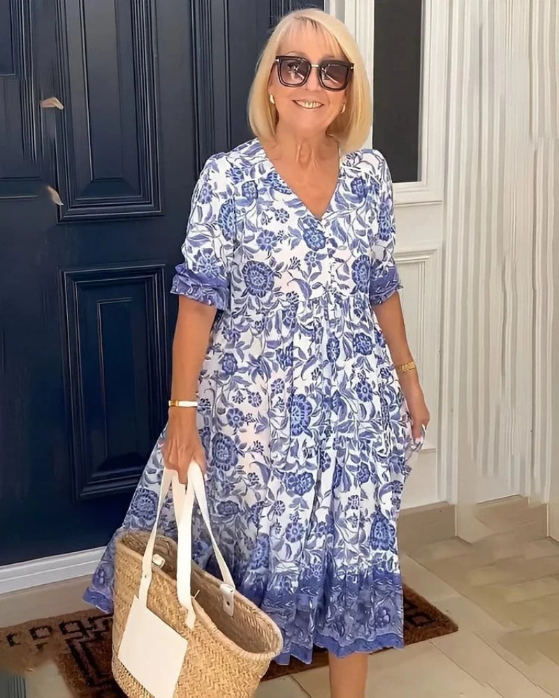 Floral V-Neck Short Sleeve Tiered Maxi Dress