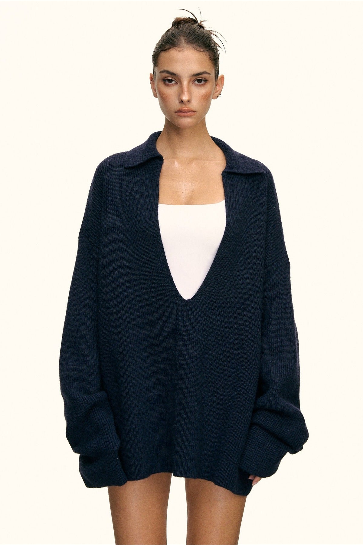 Oversized Collared Deep V-Neck Sweater and Knit Shorts Two Piece Set 2