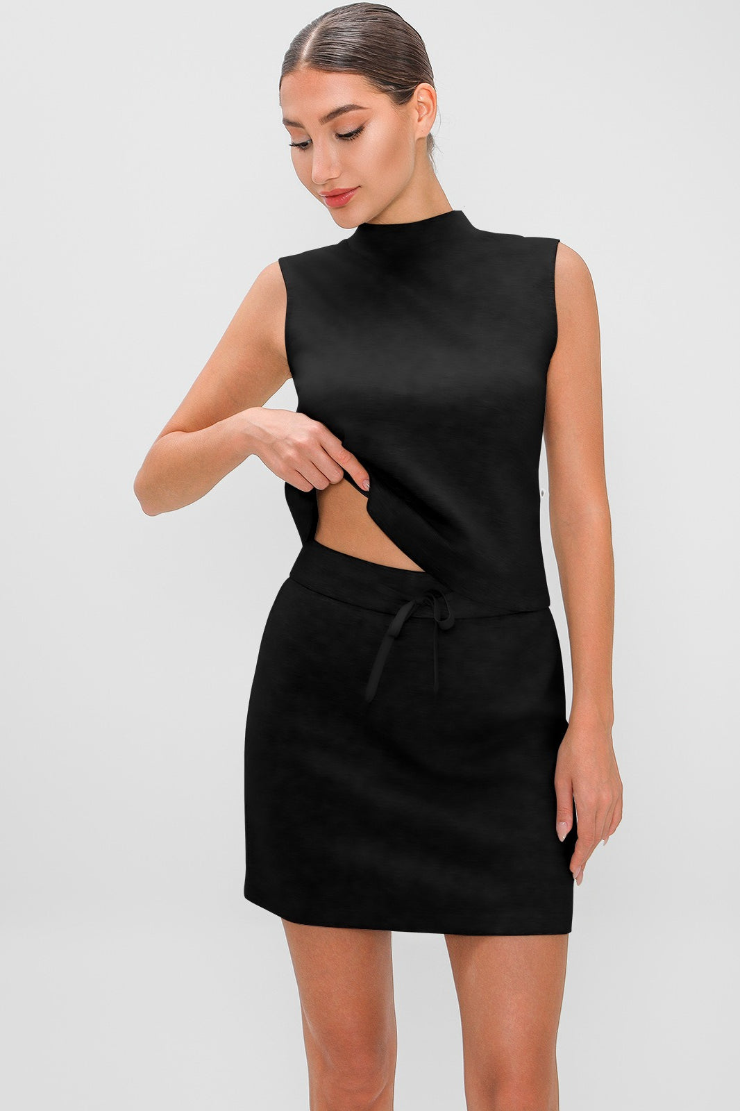 Mock Neck Sleeveless Top and Drawstring Mini Skirt Two Piece Set 5
