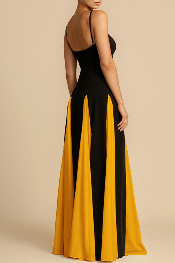 Spaghetti Strap Sweetheart Panelled Fit and Flare Maxi Gown