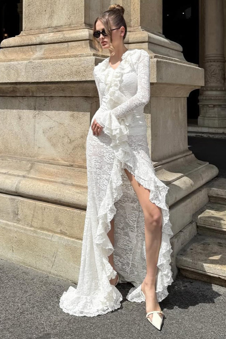 Lace Long Sleeve Deep V-Neck Ruffle Trim High Low Maxi Gown