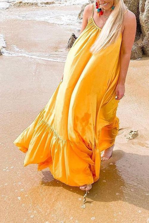Spaghetti Strap V-Neck Tiered Ruffle Hem Maxi Dress