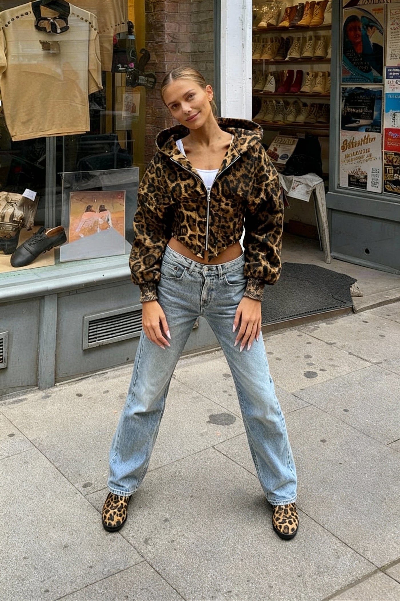 Street Style Leopard Print Hoodie Coat