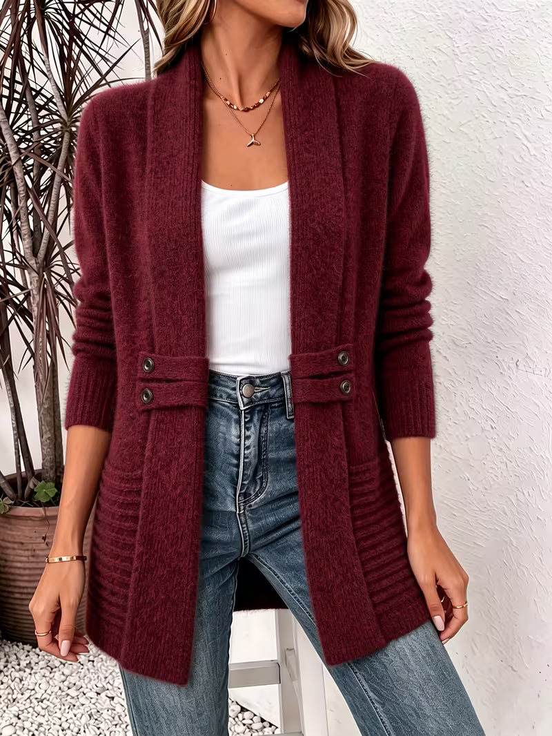 Shawl Collar Open Front Button Tab Ribbed Cardigan