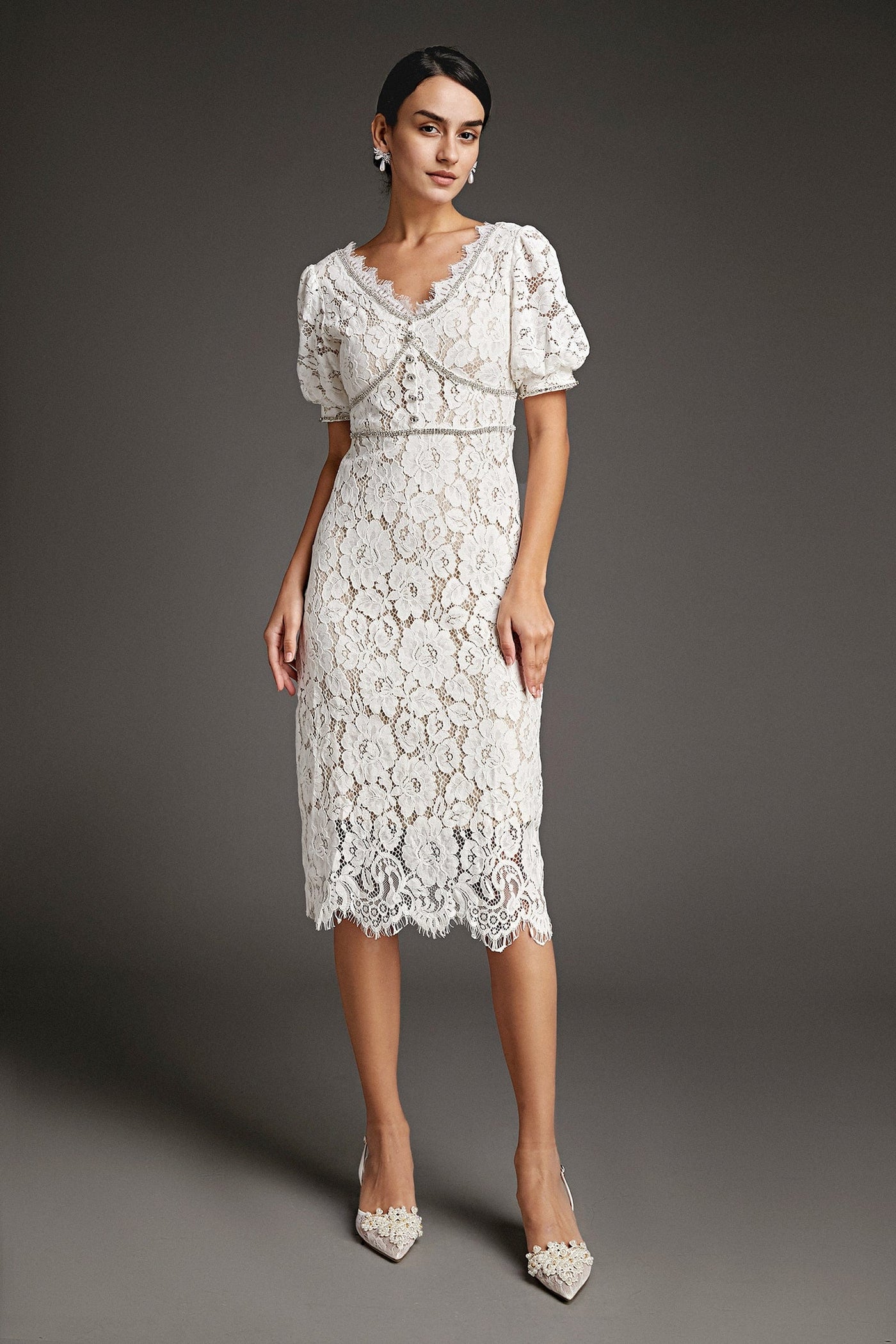 White Lace Overlay V-Neck Rhinestone Detail Midi Dress - View 6