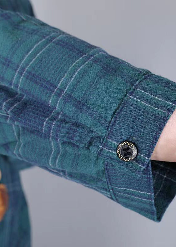 Plaid Check Print Stand Collar Button Down Long Sleeve Pocket Shirt Midi Dress