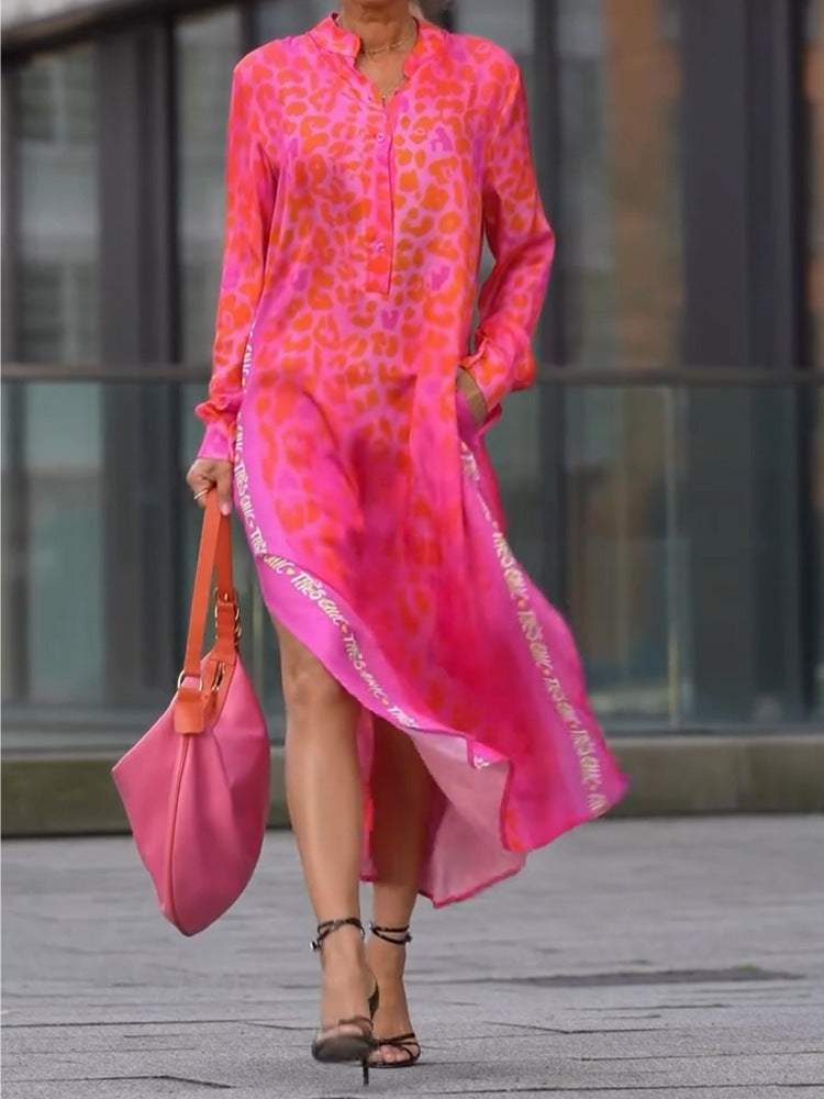 Leopard Print Long Sleeve Button Front High Low Maxi Dress