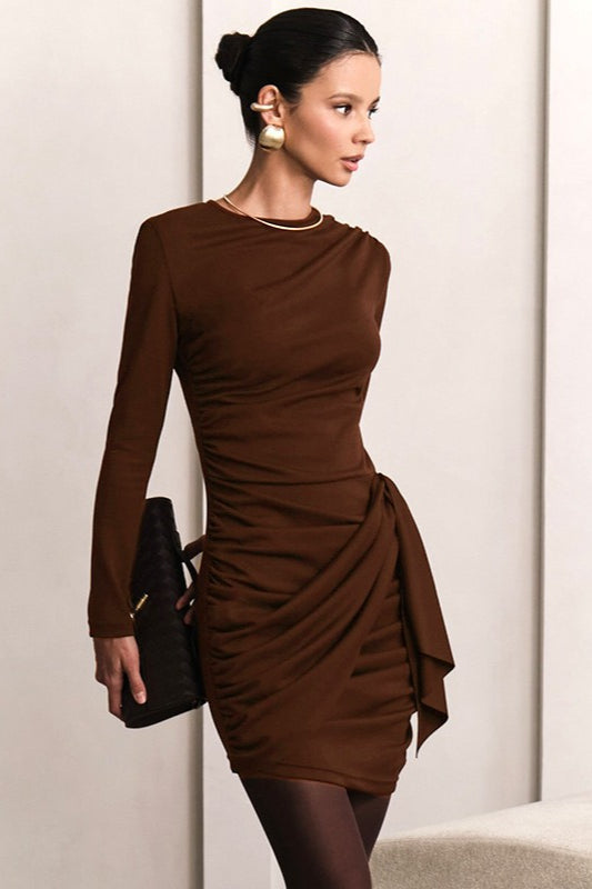 High Neck Long Sleeve Ruched Draped Bodycon Mini Dress - View 5