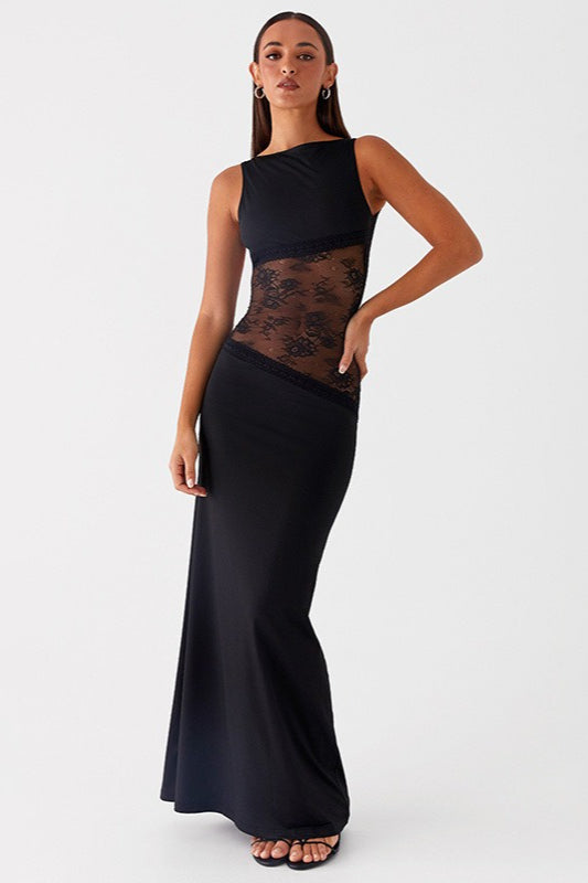 Sheer Lace Satin Panel Backless Fit Lace Dress