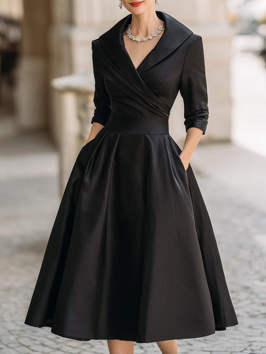 Satin Shawl Collar Wrap Ruched Fit and Flare Midi Dress Cocktail