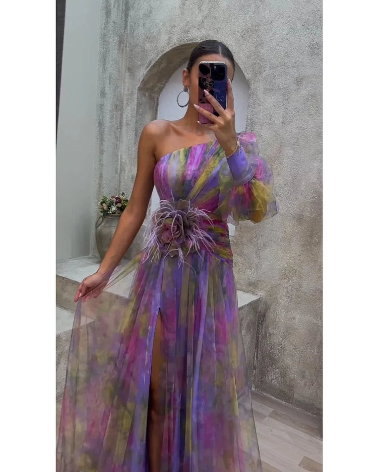 One Shoulder Puff Sleeve Rose Applique High Split Organza Formal Gown