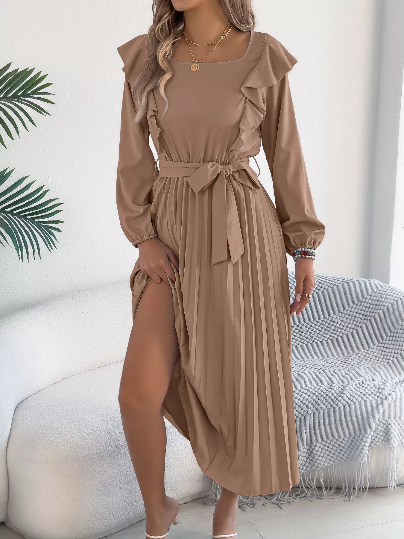 Ruffle Trim Pleated A-Line Midi Dress Khaki