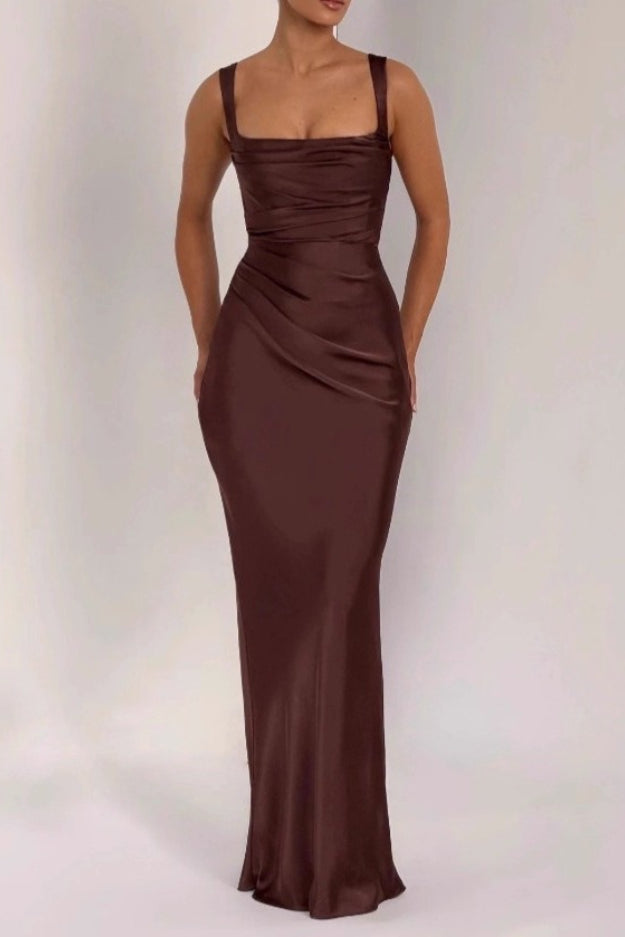 Square Neck Ruched Satin Bodycon Mermaid Dress
