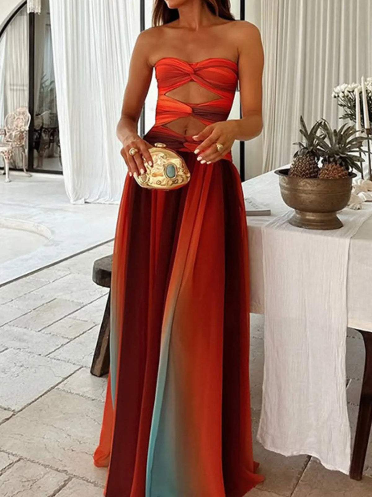 Ombre Strapless Twist Front Cut Out Flowy Maxi Dress