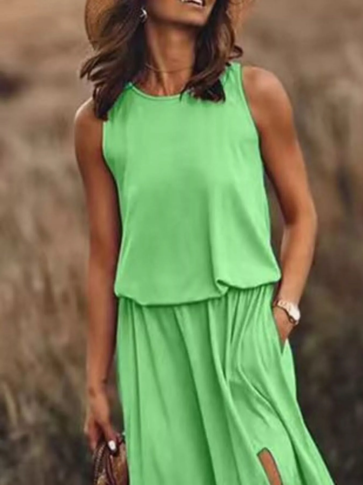 Round Neck Sleeveless Slit Maxi Dress