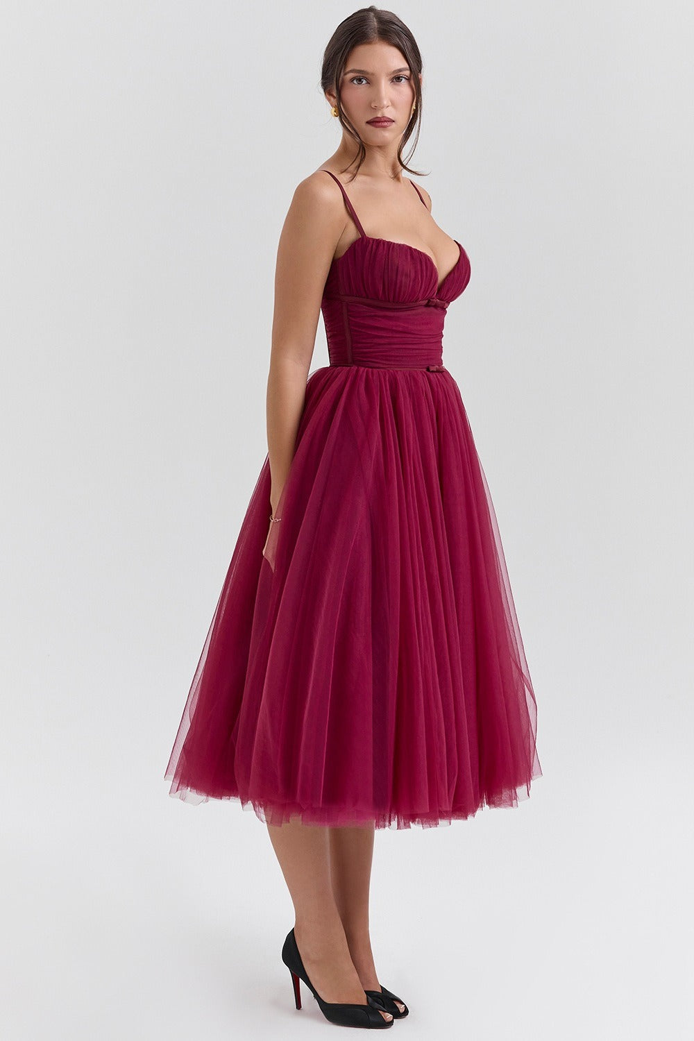 Tulle Sweetheart Spaghetti Strap Corset Fit and Flare Midi Dress