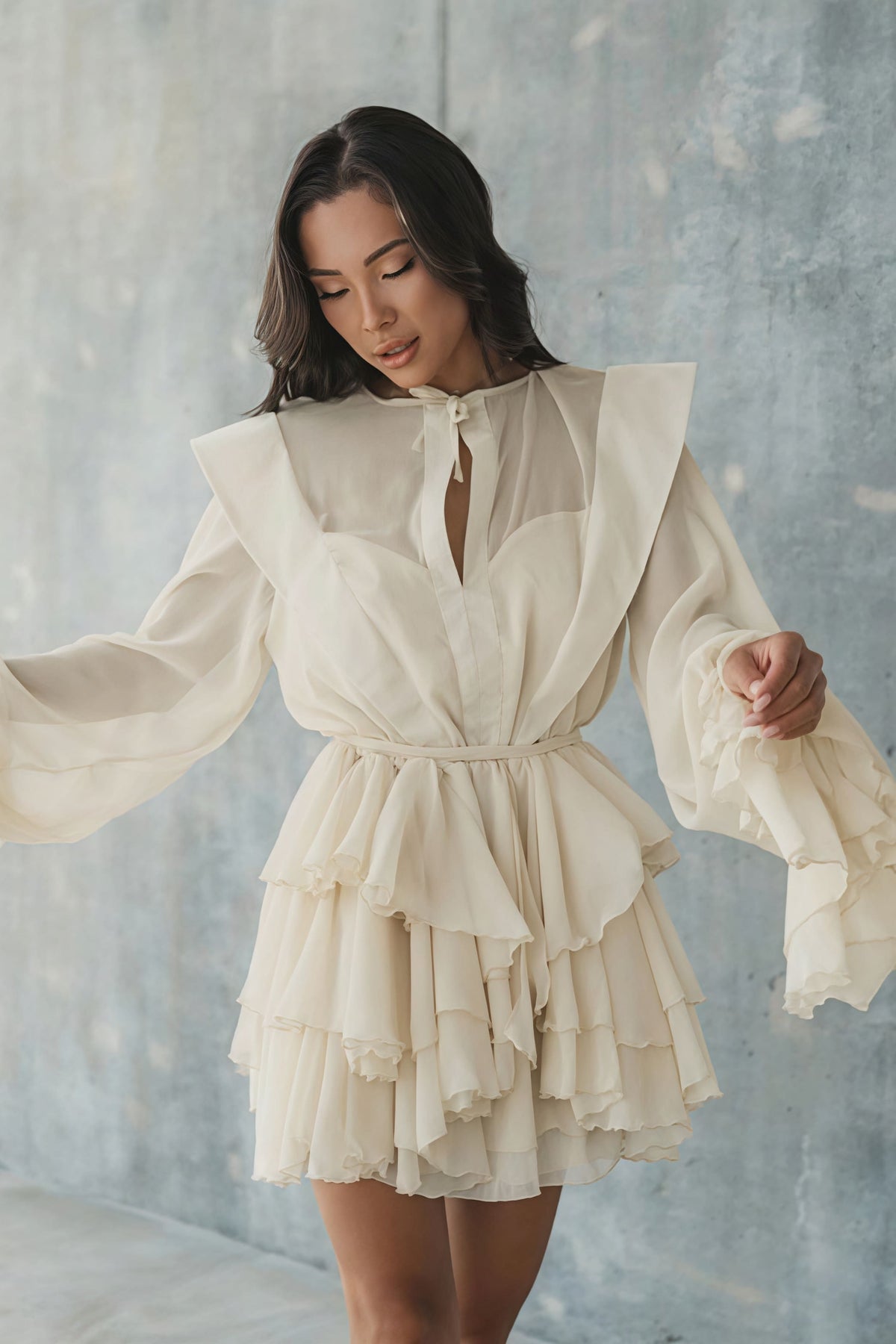 Sheer Chiffon Tie Neck Long Sleeve Tiered Ruffle Mini Dress 8