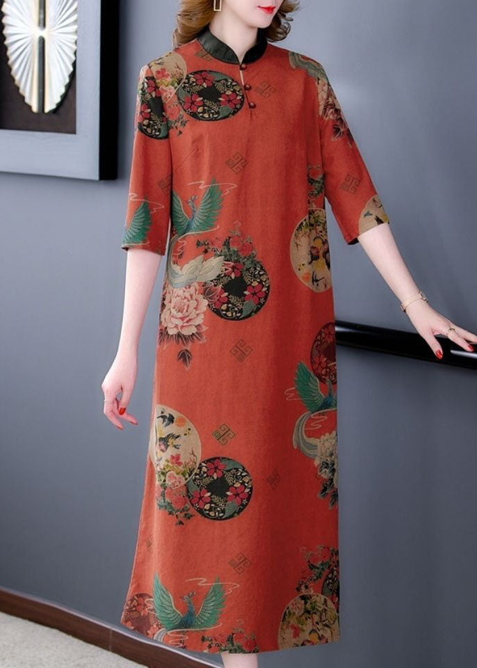Medallion Print Mandarin Collar Frog Button Half Sleeve Relaxed Midi Dress
