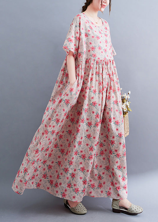 Floral Print Round Neck Short Puff Sleeve Empire Waist Pocket Maxi Dress
