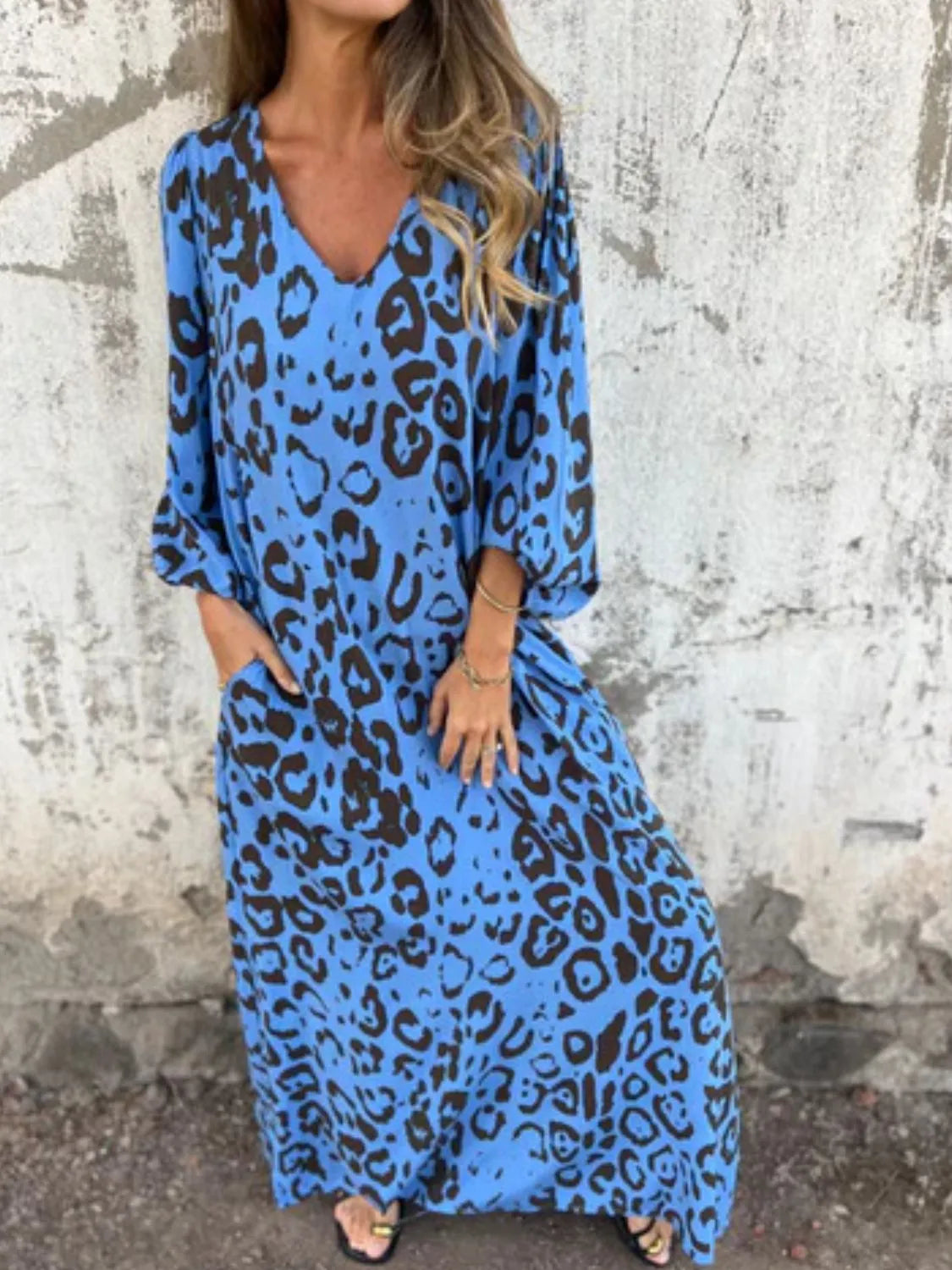 Full Size Printed V-Neck Dress with Pockets Plus Size Blue