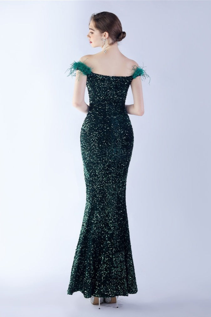 Sequin Off Shoulder Feather Trim High Split Mermaid Gown