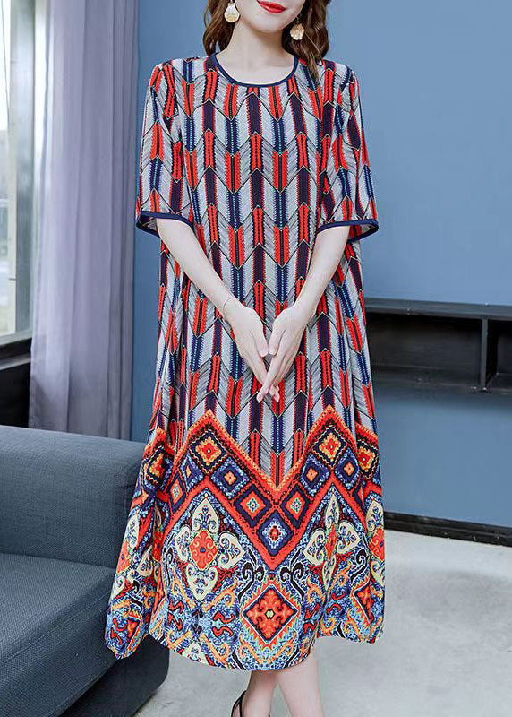 Geometric Chevron Print Ornate Border Short Sleeve Shift Midi Dress