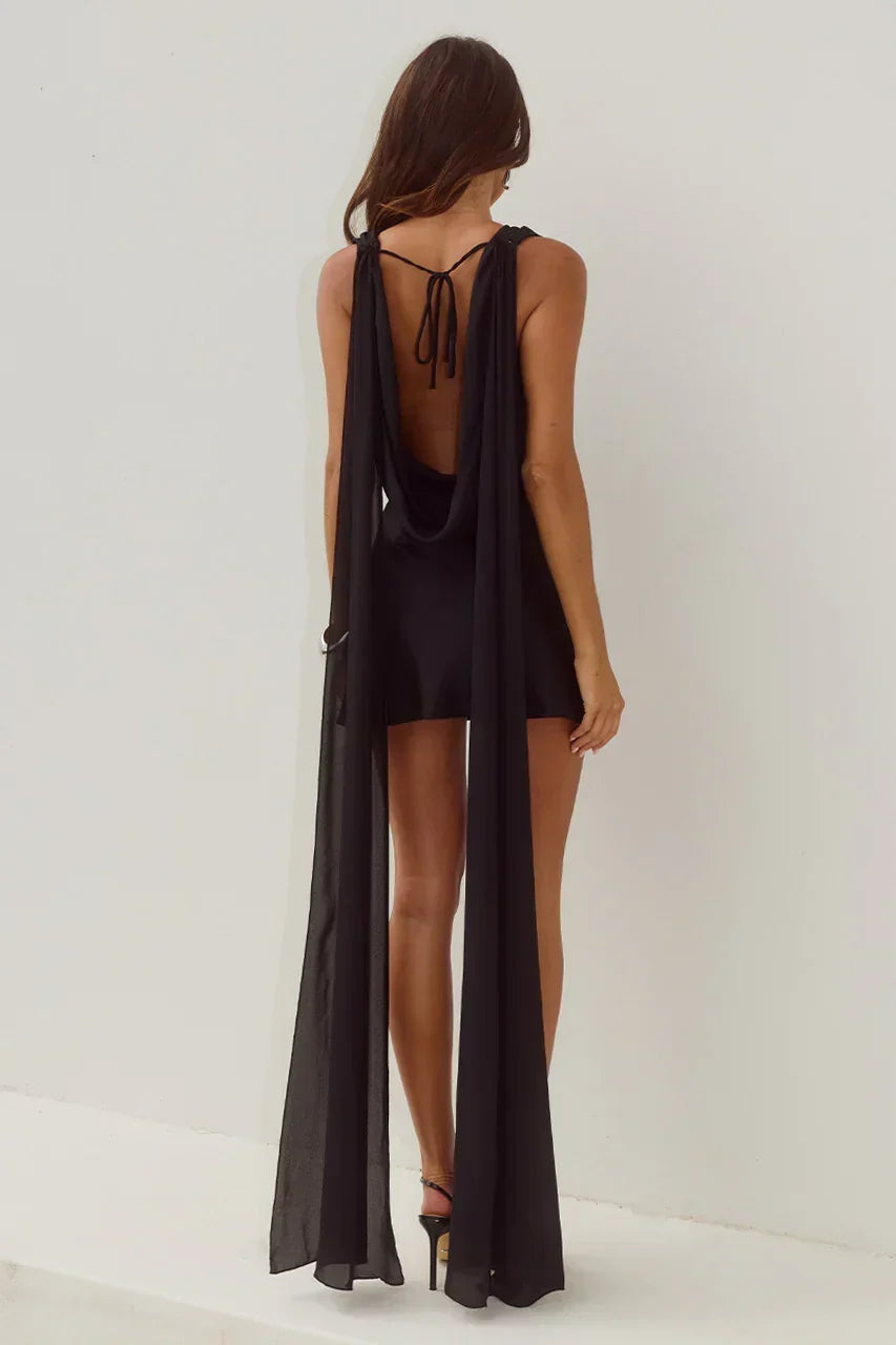 Satin One Shoulder Cowl Neck Chiffon Sash Mini Dress 2